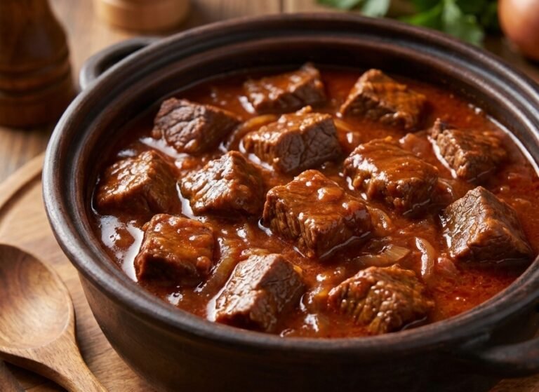 Domaći juneći gulaš – Sočan, mekan i bogat tradicionalni specijalitet sa mesom od plećke i dosta luka