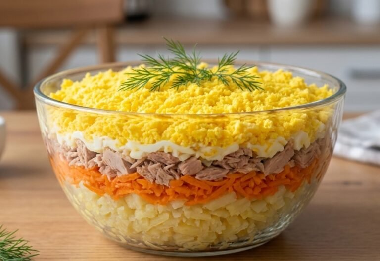 Posna Mimoza salata – Slojevita, kremasta i dekorativna posna salata sa tunjevinom, krompirom i posnim majonezom
