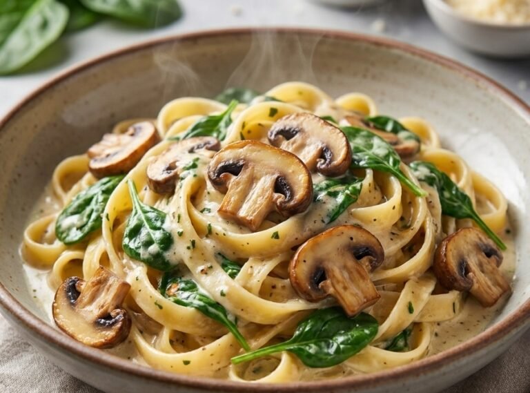 Pasta sa pečurkama i spanaćem – Kremasta, bogata i aromatična fettuccine pasta sa šampinjonima, svežim spanaćem i parmezanom