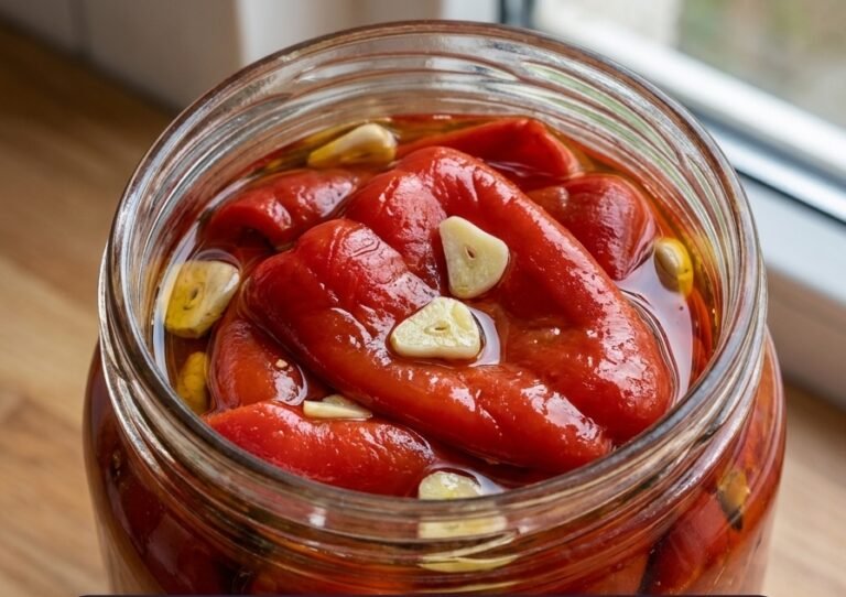 Pečena paprika u tegli – Tradicionalna, sočna i aromatična zimska salata od mesnatih crvenih paprika sa belim lukom, sirćetom i uljem