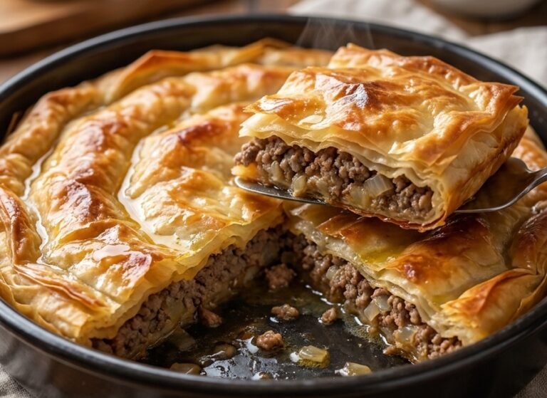 Domaća pita sa mesom – Sočna, bogata i hrskava tradicionalna pita sa tankim korama, dinstanim mlevenim mesom i lukom