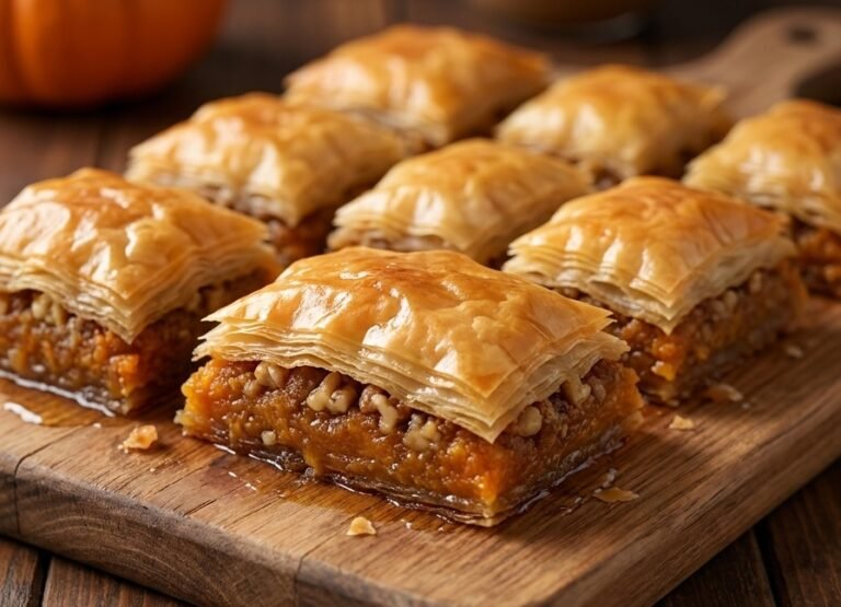 Baklava sa bundevom – Sočna, bogata i aromatična tradicionalna baklava sa tankim korama, rendanom bundevom, seckanim orasima, cimetom i slatkom agdom