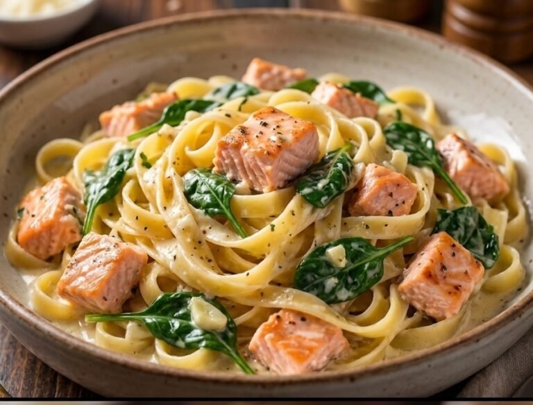 Pasta sa lososom i spanaćem – Kremasta, bogata i osvežavajuća pasta sa sočnim komadima lososa, svežim spanaćem, pavlakom za kuvanje i parmezanom