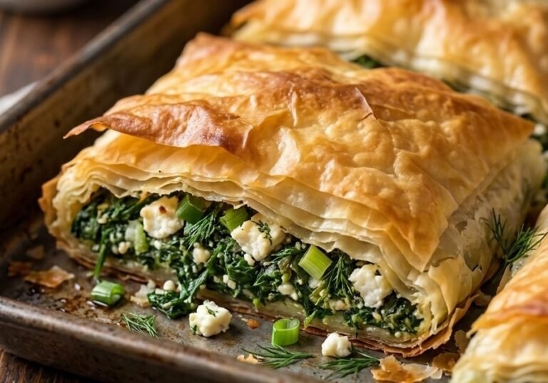 Grčka pita sa spanaćem – Sočna, bogata i hrskava tradicionalna pita sa tankim korama, svežim spanaćem, fetom, mladim lukom i mirođijom