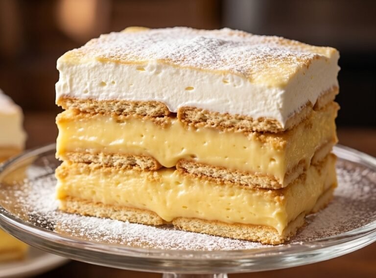 Kremsnita torta sa keksom – Bogata, kremasta i omiljena tradicionalna poslastica sa petit beurre keksom, vanil kremom i slatkom pavlakom