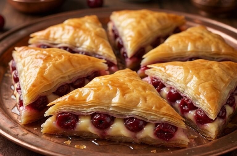 Baklava sa višnjama – Sočna, bogata i osvežavajuća tradicionalna baklava sa korama za pitu, višnjama, vanil kremom i slatkom agdom
