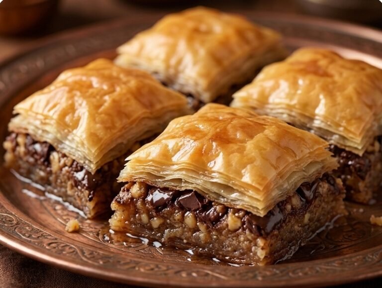 Baklava sa čokoladom – Bogata, hrskava i neodoljiva tradicionalna poslastica sa korama za pitu, mlevenim orasima, seckanom crnom čokoladom i aromatičnom agdom