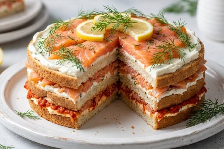 Posna slana torta sa lososom – Bogata, kremasta i svečana posna slana torta sa tost hlebom, dimljenim lososom, posnim krem sirom, ajvarom i mirođijom
