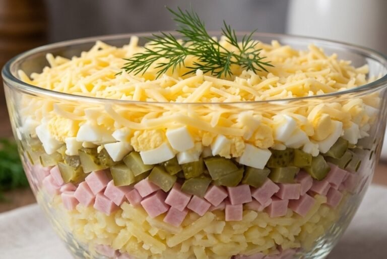 Slojevita salata Mont Mar – Bogata, kremasta i dekorativna slojevita salata sa kuvanim krompirom, šunkom, kuvanim jajima, kiselom pavlakom, majonezom i kačkavaljem