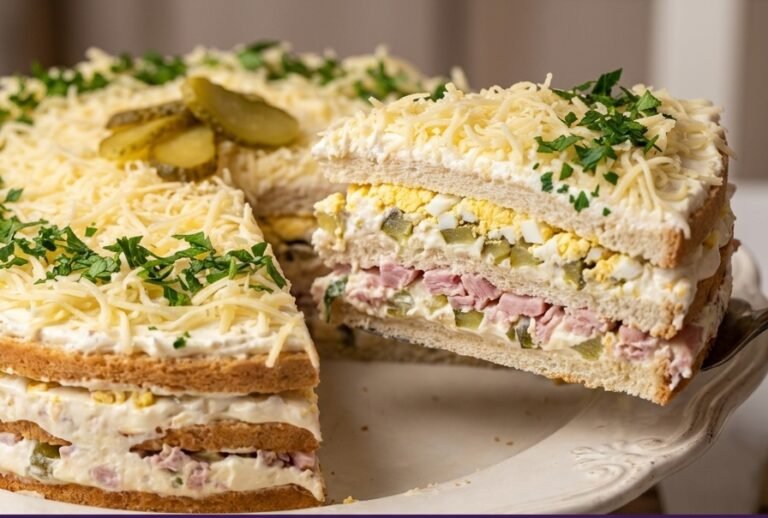 Slana torta sa šunkom – Bogata, kremasta i svečana slana torta sa tost hlebom, kiselom pavlakom, majonezom, šunkom, kačkavaljem i kuvanim jajima